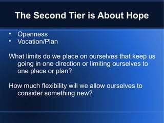 The Second Tier is About Hope

Openness

Vocation/Plan
What limits do we place on ourselves that keep us
going in one direction or limiting ourselves to
one place or plan?
How much flexibility will we allow ourselves to
consider something new?
 