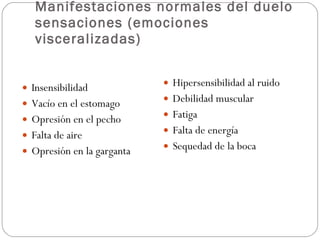 Manifestaciones normales del duelo sensaciones (emociones visceralizadas) Insensibilidad Vacío en el estomago Opresión en el pecho Falta de aire Opresión en la garganta Hipersensibilidad al ruido Debilidad muscular Fatiga Falta de energía Sequedad de la boca 