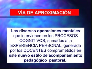 VÍA DE APROXIMACIÓN


 Las diversas operaciones mentales
  que intervienen en los PROCESOS
      COGNITIVOS, sumados a la
 EXPERIENCIA PERSONAL, generada
por los DOCENTES comprometidos en
este nuevo estilo de acompañamiento
        pedagógico pastoral.
 