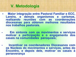 V. Metodologia
- Maior integração entre Pastoral Familiar e ECC,
Lareira, e demais organismos e carismas,
realizando reuniões com as coordenações
diocesanas para obterem melhores resultados
nos trabalhos pastorais.
- Em sintonia com os movimentos e serviços
motivar a participação e o engajamento dos
casais na comunidades paroquiais;
- Incentivar os coordenadores Diocesanos com
os Núcleos do movimentos e serviços, antes do
Encontro, e depois dele, motivar os casais à
perseverança
 