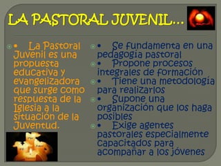 LA PASTORAL JUVENIL…

•   La Pastoral   •   Se fundamenta en una
 Juvenil es una     pedagogía pastoral
 propuesta      ...
