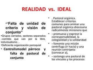 REALIDAD vs. IDEAL
                                       • . Pastoral orgánica.
                                         Establecer criterios
     •“Falta de unidad de                comunes para animar una
     criterio y      visión     de       pastoral orgánica diocesana
                                         radicalmente misionera que
     conjunto”                         • ‑ promueva y exprese la
•Grupos cerrados, sectores separados     corresponsabilidad, la
–comités que van por la libre,           colegialidad y la solidaridad
individualismo…
•Deficiente organización parroquial
                                       • ‑ fomente una misión
                                         centrífuga (ir hacia) y una
•   Centralismodel párroco y             reunión centrípeta
        falta de pastoral de             (convocar a),
                                       • ‑ sostenga una pastoral de
        conjunto                         los vínculos y los procesos
 