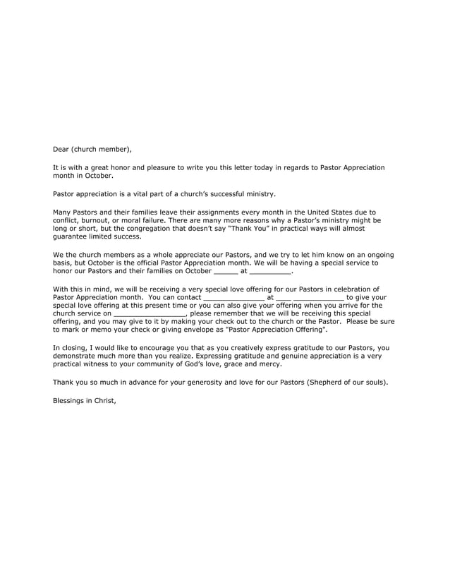 Pastor Appreciation Off Letter