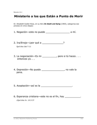 © 2003, Nazarene Publishing House 103
Recurso 14-1
Ministerio a los que Están a Punto de Morir
Dr. Elizabeth Kubler-Ross, en su libro On Death and Dying (1969), categoriza ese
proceso en cinco etapas:
1. Negación—esto no puede _________________ a mí.
2. Ira/Enojo—¿por qué a _______________?
Qué dice Job 7:11
3. La negociación—Es mi __________, pero si tú haces . . .
entonces yo. . .
4. Depresión—No puedo ________________, no vale la
pena.
5. Aceptación—así es la ______________________.
6. Esperanza cristiana—este no es el fin, hay ___________.
¿Qué dice Jn. 14:2-3?
 