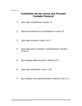 © 2003, Nazarene Publishing House 42
Recurso 5-2
Cualidades de los Laicos que Proveen
Cuidado Pastoral
1. Que sean compasivos—Lucas 15
2. Que se involucren en el ministerio—Lucas 10
3. Que sean sinceros—Juan 9:2-3
4. Que consuelen o animen a las personas—Hechos
4:36-37
5. Que tengan determinación—Marcos 2:5
6. Que sean auténticos—Juan 1:47
7. Que tengan una actitud positiva—Salmos 121:1-2
 
