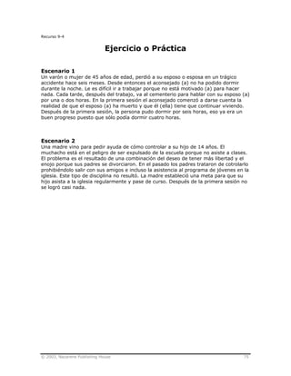 © 2003, Nazarene Publishing House 75
Recurso 9-4
Ejercicio o Práctica
Escenario 1
Un varón o mujer de 45 años de edad, perdió a su esposo o esposa en un trágico
accidente hace seis meses. Desde entonces el aconsejado (a) no ha podido dormir
durante la noche. Le es difícil ir a trabajar porque no está motivado (a) para hacer
nada. Cada tarde, después del trabajo, va al cementerio para hablar con su esposo (a)
por una o dos horas. En la primera sesión el aconsejado comenzó a darse cuenta la
realidad de que el esposo (a) ha muerto y que él (ella) tiene que continuar viviendo.
Después de la primera sesión, la persona pudo dormir por seis horas, eso ya era un
buen progreso puesto que sólo podía dormir cuatro horas.
Escenario 2
Una madre vino para pedir ayuda de cómo controlar a su hijo de 14 años. El
muchacho está en el peligro de ser expulsado de la escuela porque no asiste a clases.
El problema es el resultado de una combinación del deseo de tener más libertad y el
enojo porque sus padres se divorciaron. En el pasado los padres trataron de cotrolarlo
prohibiéndolo salir con sus amigos e incluso la asistencia al programa de jóvenes en la
iglesia. Este tipo de disciplina no resultó. La madre estableció una meta para que su
hijo asista a la iglesia regularmente y pase de curso. Después de la primera sesión no
se logró casi nada.
 