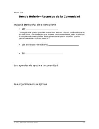 © 2003, Nazarene Publishing House 79
Recurso 10-3
Dónde Referir—Recursos de la Comunidad
Práctica profesional en el consultorio
• Los __________________________
“Es importante que los pastores establezcan amistad con uno o más médicos de
su comunidad. Un aconsejado que no tiene un examen médico, sería bueno que
lo tenga lo más antes posible, especialmente si el pastor sospecha que esa
persona necesitará cuidado médico”23
• Los sicólogos y consejeros ______________________
• Los ______________________________
Las agencias de ayuda a la comunidad
Las organizaciones religiosas
 