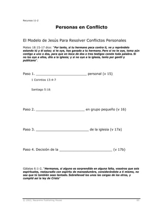 © 2003, Nazarene Publishing House 85
Recursos 11-2
Personas en Conflicto
El Modelo de Jesús Para Resolver Conflictos Personales
Mateo 18:15-17 dice: “Por tanto, si tu hermano peca contra ti, ve y repréndelo
estando tú y él solos; si te oye, has ganado a tu hermano. Pero si no te oye, toma aún
contigo a uno o dos, para que en boca de dos o tres testigos conste toda palabra. Si
no los oye a ellos, dilo a la iglesia; y si no oye a la iglesia, tenlo por gentil y
publicano”.
Paso 1. _________________________ personal (v 15)
1 Corintios 13:4-7
Santiago 5:16
Paso 2. ________________________ en grupo pequeño (v 16)
Paso 3. __________________________ de la iglesia (v 17a)
Paso 4. Decisión de la __________________________ (v 17b)
Gálatas 6:1-2, “Hermanos, si alguno es sorprendido en alguna falta, vosotros que sois
espirituales, restauradlo con espíritu de mansedumbre, considerándote a ti mismo, no
sea que tú también seas tentado. Sobrellevad los unos las cargas de los otros, y
cumplid así la ley de Cristo”
 