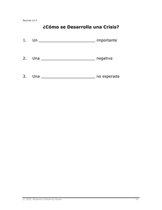 © 2003, Nazarene Publishing House 91
Recurso 12-2
¿Cómo se Desarrolla una Crisis?
1. Un ________________________ importante
2. Una _______________________ negativa
3. Una _______________________ no esperada
 