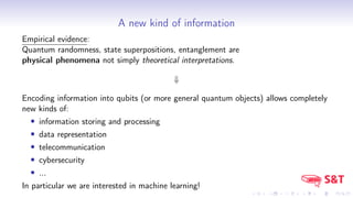 A new kind of information
Empirical evidence:
Quantum randomness, state superpositions, entanglement are
physical phenomena not simply theoretical interpretations.
+
Encoding information into qubits (or more general quantum objects) allows completely
new kinds of:
• information storing and processing
• data representation
• telecommunication
• cybersecurity
• ...
In particular we are interested in machine learning!
 