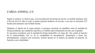 CARGA ANIMAL, CA
Según lo anterior, se observa que, con la producción de forraje de una ha, es posible mantener sólo
el 0,4 de una UA /año, lo cual, se puede expresar también a la inversa, o sea, que se necesitan 2,35
ha/año para mantener una Unidad Animal.
Mediante el cálculo de la carga animal, se persigue encontrar un equilibrio entre la cantidad de
forraje producido, por unidad de superficie y el óptimo aprovechamiento de éste, por el ganado.
Es necesario considerar, que la cantidad de forraje disponible a lo largo del año, estará en función
de la estacionalidad, esto es, de la variabilidad en precipitación, temperatura y horas luz,
principalmente, entonces será necesario, realizar ajustes en el número de ganado en pastoreo en
función a esta variabilidad.
 