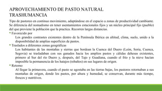 APROVECHAMIENTO DE PASTO NATURAL
TRASHUMANCIA
Tipo de pastoreo en continuo movimiento, adaptándose en el espacio a zonas de productividad cambiante.
Se diferencia del nomadismo en tener asentamientos estacionales fijos y un núcleo principal fijo (pueblo)
del que proviene la población que la practica. Recorren largas distancias.
 Favorecido por
Los grandes contrastes existentes dentro de la Península Ibérica en altitud, clima, suelo, unido a la
disponibilidad de amplias superficies de pastos.
 Traslados a diferentes zonas geográficas
Los habitantes de las montañas y sierras que bordean la Cuenca del Duero (León, Soria, Cuenca,
Segovia) se trasladaban con sus ganados hacia los amplios pastos y cálidas dehesas existentes,
primero al Sur del río Duero y, después, del Tajo y Guadiana, cuando el frío y la nieve hacían
imposible la permanencia de los hatajos (rebaños) en sus lugares de origen.
 Retorno
Al llegar la primavera, cuando el pasto se agostaba en las tierras bajas, los pastores retornaban a sus
montañas de origen, donde los pastos, por altura y humedad, se conservan, durante más tiempo,
frescos y nutritivos.
 
