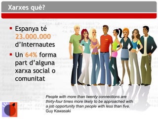 Xarxes què?


 Espanya té
  23.000.000
  d’Internautes
 Un 64% forma
  part d’alguna
  xarxa social o
  comunitat

              People with more than twenty connections are
              thirty-four times more likely to be approached with
              a job opportunity than people with less than five.
              Guy Kawasaki
 