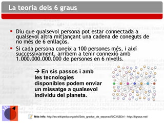 La teoria dels 6 graus


 Diu que qualsevol persona pot estar connectada a
  qualsevol altra mitjançant una cadena de coneguts de
  no més de 6 enllaços.
 Si cada persona coneix a 100 persones més, i així
  successivament, arribem a tenir connexió amb
  1.000.000.000.000 de persones en 6 nivells.

          En sis passos i amb
         les tecnologies
         disponibles podem enviar
         un missatge a qualsevol
         individu del planeta.


         Més info: http://es.wikipedia.org/wiki/Seis_grados_de_separaci%C3%B3n/ - http://6graus.net/
 