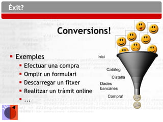Èxit?


                    Conversions!

 Exemples                           Inici

       Efectuar una compra
                                             Catàleg
       Omplir un formulari                    Cistella
       Descarregar un fitxer         Dades
                                      bancàries
       Realitzar un tràmit online
                                             Compra!
       ...
 