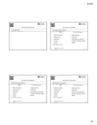 8/2/20
44
SEO:	Áreas	de	Oportunidad
Mercadotecnia	en	Buscadores
Fin	del	módulo	SEM
SEO:	Áreas	de	Oportunidad
174
Mercadotecnia	en	Buscadores
Módulo	2	Marketing	en	Buscadores
SEO+	SEM
SEM:	Planeación	de	una	campaña
Definir Herramientas	de	apoyo
• Objetivo de la campaña
• Presupuesto diario
• Segmentación
• Keywords
• Anuncios
No	diseña	y/o	publica	información
• Google Keywords Tool
• Google Insights
• Análisis de estructura, segmentación,
presupuesto y resultados de campañas
anteriores
SEO:	Áreas	de	Oportunidad
175
Mercadotecnia	en	Buscadores
Módulo	2	Marketing	en	Buscadores
SEO+	SEM
SEM:	Planeación	de	una	campaña
Definir Herramientas	de	apoyo
• Objetivo de la campaña
• Presupuesto diario
• Segmentación
• Keywords
• Anuncios
No	diseña	y/o	publica	información
• Google Keywords Tool
• Google Insights
• Análisis de estructura, segmentación,
presupuesto y resultados de campañas
anteriores
SEO:	Áreas	de	Oportunidad
176
Mercadotecnia	en	Buscadores
Módulo	2	Marketing	en	Buscadores
SEO+	SEM
SEM:	Planeación	de	una	campaña
Definir Herramientas	de	apoyo
• Objetivo de la campaña
• Presupuesto diario
• Segmentación
• Keywords
• Anuncios
No	diseña	y/o	publica	información
• Google Keywords Tool
• Google Insights
• Análisis de estructura, segmentación,
presupuesto y resultados de campañas
anteriores
 