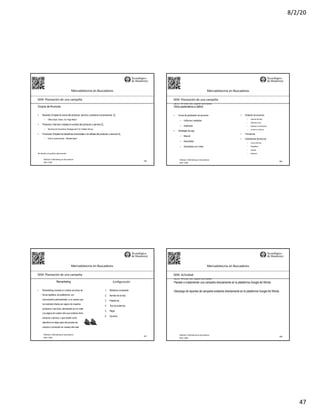 8/2/20
47
185
Mercadotecnia	en	Buscadores
Módulo	2	Marketing	en	Buscadores
SEO+	SEM
SEM:	Planeación	de	una	campaña
Grupos de Anuncios
• Branded: Emplea la marca del producto, servicio o persona a promocionar, Ej.
– Office Depot, Volaris, Six Flags México
• Producto o Servicio: emplea el nombre del producto o servicio Ej.
– Servicios de Consultoría, Bodegas de 6 m2, Análisis clínicos
• Funcional: Emplea los beneficios funcionales o la utilidad del producto o servicio Ej.
– Evita la caída del pelo, “Siéntete ligero”
No	diseña	y/o	publica	información
SEO:	Áreas	de	Oportunidad
186
Mercadotecnia	en	Buscadores
Módulo	2	Marketing	en	Buscadores
SEO+	SEM
SEM:	Planeación	de	una	campaña
Otros parámetros a definir
• Forma de publicación de anuncios
– Uniforme o estándar
– Acelerada
• Estrategia de puja
– Manual
– Automática
– Automática con Límite
• Rotación de anuncios
– Uniforme (90 días)
– Optimizar a clics
– Optimizar a conversiones
– Uniforme	indfinido
• Frecuencia
• Extensiones de anuncio
– Links al sitio web
– Geográficas
– Llamada
– Aplicación
187
Mercadotecnia	en	Buscadores
Módulo	2	Marketing	en	Buscadores
SEO+	SEM
SEM:	Planeación	de	una	campaña
• Remarketing consiste en mostrar anuncios de
forma repetitiva, de preferencia con
comunicación personalizada, a un usuario que
ha mostrado interés por alguno de nuestros
productos o servicios, demostrado por la visita
a la página de nuestro sitio que contiene dicho
producto o servicio, o que resulto como
abandono en algún paso del proceso de
compra o conversión en nuestro sitio web
1. Biblioteca compartida
2. Nombre de la lista
3. Plataforma
4. Tipo de audiencia
5. Regla
6. Duración
Remarketing Configuración
SEO:	Áreas	de	Oportunidad
188
Planear e implementar una campaña directamente en la plataforma Google Ad Words.
Mercadotecnia	en	Buscadores
Módulo	2	Marketing	en	Buscadores
SEO+	SEM
SEM:	Actividad
Descarga de reportes de campaña existente directamente en la plataforma Google Ad Words.
 