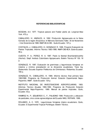 30
REFERENCIAS BIBLIOGRAFICAS
BOGDAN, A.V. 1977. Tropical pasture and Fodder plants ed. Longman-New
York. 475 p.
CABALLERO, H.: ANZULES, A. 1992. Producción Agropecuaria en la Selva
húmeda de la región Amazónica. In Memoria Seminario-Taller. 30 de Noviembre
- 3 de Diciembre de 1988. INIAP-IICA-CIID. Quito-Ecuador. 107 p.
COSTALES, J.; CABALLERO, H.; GONZALEZ, R. 1986. Proyecto Evaluación de
Pastos Tropicales. Informe Técnico 1983-1986. INIAP-CIID-IICA. Quito-Ecuador.
86 p.
CUESTA, P. A.; PEREZ, R. A. 1987. Pasto la libertad Brachiariabrizantha
(Hochst). Stapf. Instituto Colombiano Agropecuario. Boletín Técnico Nº 150. 16
p.
GONZALEZ, R. 1987. Evaluación de gramíneas y leguminosas forrajeras en
máxima y mínima precipitación en la Amazonía ecuatoriana. Tesis lng.
Zootecnista. Escuela Superior Politécnica de Chimborazo. Riobamba, Ecuador.
180 p.
GONZALEZ, R.; CABALLERO, H. 1989. Informe técnico final primera fase
19831988. Programa de Producción Animal. Estación Experimental Napo-
Payarnino. INIAP, Quito-Ecuador. 124 p.
INSTITUTO NACIONAL DE INVESTIGACIONE AGROPECUARIAS. 1983.
Informes Técnico Anuales 1984-1992. Programa de Producción Estación
Experimental Napo-Payamino. 1989. Manual de pastos tropicales. Quito,
Ecuador. 53 p.
RAMIREZ N., P., IZQUIERDO C., F., PALADINO 1996. Producción y utilización
de pastizales, cinco zonas agroecológicas del Ecuador MAG, REPAAN. 1996.
ROLANDO, A. C. 1978 . Leguminosas forrajeras trópico ecuatoriano. Quito,
Ecuador. E Experimental Tropical Pichilingue. Boletín Técnico.
 