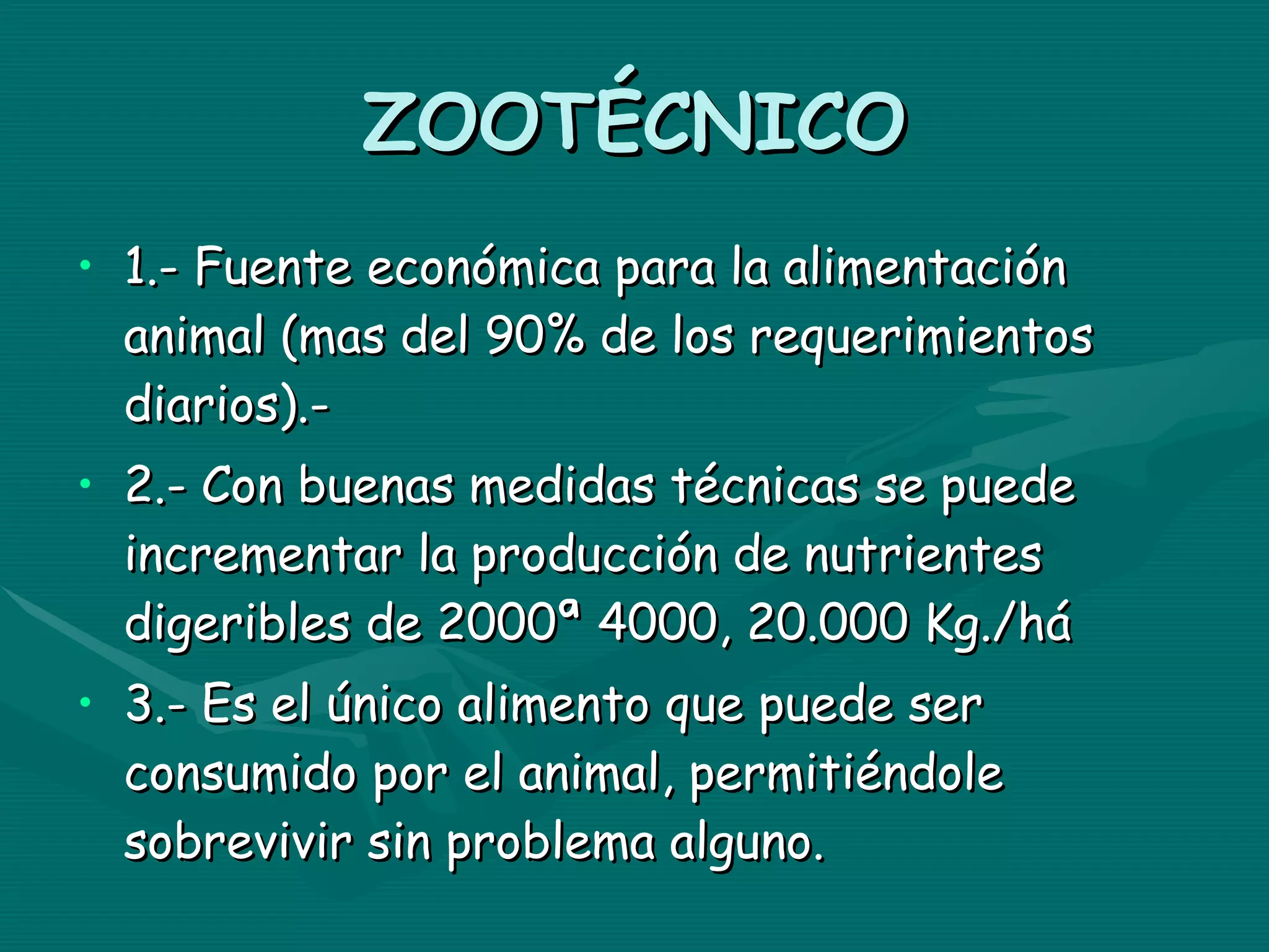 ZOOTÉCNICO 1.- Fuente económica para la alimentación animal (mas del 90% de los requerimientos diarios).- 2.- Con buenas medidas técnicas se puede incrementar la producción de nutrientes digeribles de 2000ª 4000, 20.000 Kg./há 3.- Es el único alimento que puede ser consumido por el animal, permitiéndole sobrevivir sin problema alguno. 