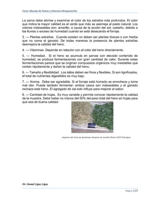 Tema: Manejo de Pastos y Sistemas Silvopastoriles
Dr. Otoniel López López
Página 129
La parva debe abrirse y examinar el color de los estratos más profundos. El color
que indica la mayor calidad es el verde que más se asemeja al pasto natural. Los
colores indeseables son: amarillo, a causa de la acción del sol; castaño, debido a
las lluvias o exceso de humedad cuando se está desecando el forraje.
3. — Plantas extrañas. Cuando existen no deben ser plantas tóxicas o con hierba
que no coma el ganado. De todas maneras la presencia de plantas extrañas
desmejora la calidad del heno.
4. — Vitaminas. Depende en relación con el color del heno directamente.
5. — Humedad. Si el heno se acumula en parvas con elevado contenido de
humedad, se produce fermentaciones con gran cantidad de calor. Durante estas
fermentaciones parece que se originan compuestos orgánicos muy inestables que
oxidan rápidamente y dañan la calidad del heno.
6. — Tamaño y flexibilidad. Los tallos deben ser finos y flexibles. Si son lignificados,
el total de nutrientes digestibles es muy bajo.
7. — Aroma. Debe ser agradable. Si el forraje está húmedo se enmohece y toma
mal olor. Puede también fermentar; ambos casos son indeseables y el ganado
rechaza este heno. El agregado de sal solo influye para mejorar el sabor.
8. — Cantidad de hojas. Es muy variable y permite conocer rápidamente la calidad
de la muestra. Debe haber no menos del 50% del peso total del heno en hojas para
que sea de buena calidad.
 