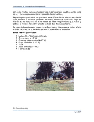 Tema: Manejo de Pastos y Sistemas Silvopastoriles
Dr. Otoniel López López
Página 134
son el alto nivel de humedad, bajos niveles de carbohidratos solubles, cambio lento
de pH y fermentación secundaria indeseable (ácido butírico).
El punto óptimo para cortar las gramíneas es de 25-40 días de rebrote después del
corte, evitando la floración; para maíz en estado, lechoso de 70-80 días; sorgo en
miel de 60-80 días; caña de 8-10 meses de edad y leguminosas (p.ej. Caupi y
Lablab) al inicio de floración y Cratylia cada 90 días después del corte.
En caso de leguminosas y pastos como Brachiaria o King grass se deben añadir
aditivos para mejorar la fermentación y reducir pérdidas de nutrientes.
Estos aditivos pueden ser:
1. Melaza (3 - 4%del peso del forraje)
2. Concentrado (4 - 6 %)
3. Granos y subproductos (4 -10 %)
4. Pulpa de cítricos (4 - 6 %)
5. Yuca
6. Ácido fórmico (0.5 - 1%)
7. Formaldehído
 