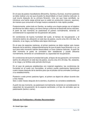 Tema: Manejo de Pastos y Sistemas Silvopastoriles
Dr. Otoniel López López
Página 30
En el caso de pastos macolladores (Brizantha, Gamba y Guinea), el primer pastoreo
se debe realizar una vez que el pasto ha desarrollado un buen sistema radicular, lo
cual ocurre después de su primera floración. Una vez que haya semillado, se
introduce una fuerte carga animal que no están en producción (vacuno, equinos),
de manera que consuman el forraje maduro existente lo más rápido posible.
Posteriormente, sobre todo en Gamba, se realiza una chapia pareja con el objetivo
de eliminar los tallos viejos y al mismo tiempo uniformar el desarrollo de los rebrotes.
A partir de ese momento se pastoreará el potrero normalmente, teniendo en
consideración la capacidad de recuperación del pasto.
En condiciones de buena humedad del suelo, el tiempo de recuperación y el
momento óptimo de utilización en este tipo de pastos, ocurre a los 30 ó 32 días. No
obstante, si se riega y se fertiliza este lapso disminuye.
En el caso de especies rastreras, el primer pastoreo se debe realizar seis meses
después de la siembra, independientemente de que el pasto haya florecido o no, ya
que para este momento habrán desarrollado un buen sistema radicular. A partir de
este momento el pasto se considera bien establecido y puede utilizarse
normalmente, teniendo en consideración su capacidad de recuperación.
En condiciones de buena humedad del suelo, el lapso de recuperación y el momento
óptimo de utilización en este tipo de pastos, ocurre a los 23 ó 25 días. No, obstante,
si se niega y se fertiliza este periodo disminuye.
En el caso de pasturas establecidas con material vegetativo, las condiciones de
humedad en el suelo son favorables, el potrero puede pastorearse ligeramente
cuatro meses después de la siembra para que el pisoteo de los animales contribuya
a su establecimiento.
Posterior a este primer pastoreo ligero, el potrero se dejará de utilizar durante dos
o tres meses.
Seis o siete meses después de la siembra, el potrero se considera establecido.
A partir de ese momento, se pastoreará normalmente, teniendo en consideración la
capacidad de recuperación de la especie sembrada y el tipo de animales que se
pastorearán (leche o carne).
Cálculo de Fertilizantes y Niveles Recomendados
 