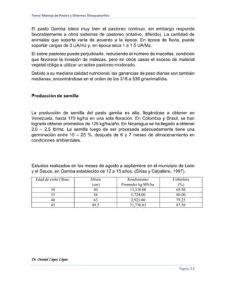 Tema: Manejo de Pastos y Sistemas Silvopastoriles
Dr. Otoniel López López
Página 53
El pasto Gamba tolera muy bien el pastoreo continuo, sin embargo responde
favorablemente a otros sistemas de pastoreo (rotativo, diferido). La cantidad de
animales que soporta varía de acuerdo a la época. En época de lluvia, puede
soportar cargas de 3 UA/mz y, en época seca 1 a 1.5 UA/Mz.
El sobre pastoreo puede perjudicarlo, reduciendo el número de macollas, condición
que favorece la invasión de malezas, pero en otros casos el exceso de material
vegetal obliga a utilizar un sobre pastoreo moderado.
Debido a su mediana calidad nutricional, las ganancias de peso diarias son también
medianas, encontrándose en el orden de los 318 a 536 gr/animal/día.
Producción de semilla
La producción de semilla del pasto gamba es alta, llegándose a obtener en
Venezuela, hasta 170 kg/ha en una sola floración. En Colombia y Brasil, se han
logrado obtener promedios de 125 kg/ha/año. En Nicaragua se ha llegado a obtener
2.0 – 2.5 lb/mz. La semilla luego de ser procesada adecuadamente tiene una
germinación entre 15 – 25 %, después de 6 y 7 meses de almacenamiento en
condiciones ambientales.
Estudios realizados en los meses de agosto a septiembre en el municipio de Leòn
y el Sauce, en Gamba establecido de 12 a 15 años. (Sirias y Caballero, 1997).
Edad de corte (Días) Altura
(cm)
Rendimiento
Promedio kg MS/ha
Cobertura
(%)
30 40 13,330.00 69.50
35 56 1,724.00 80.00
40 63 2,921.00 79.25
45 49.5 31,730.05 87.50
 