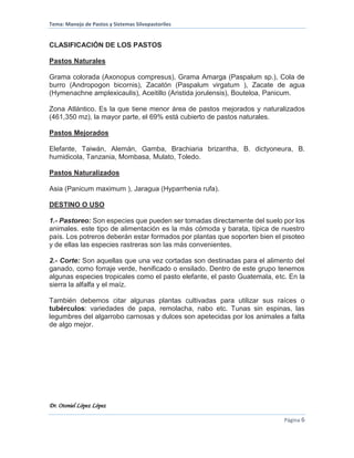 Tema: Manejo de Pastos y Sistemas Silvopastoriles
Dr. Otoniel López López
Página 6
CLASIFICACIÓN DE LOS PASTOS
Pastos Naturales
Grama colorada (Axonopus compresus), Grama Amarga (Paspalum sp.), Cola de
burro (Andropogon bicornis), Zacatón (Paspalum virgatum ), Zacate de agua
(Hymenachne amplexicaulis), Aceitillo (Aristida jorulensis), Bouteloa, Panicum.
Zona Atlántico. Es la que tiene menor área de pastos mejorados y naturalizados
(461,350 mz), la mayor parte, el 69% está cubierto de pastos naturales.
Pastos Mejorados
Elefante, Taiwán, Alemán, Gamba, Brachiaria brizantha, B. dictyoneura, B.
humidicola, Tanzania, Mombasa, Mulato, Toledo.
Pastos Naturalizados
Asia (Panicum maximum ), Jaragua (Hyparrhenia rufa).
DESTINO O USO
1.- Pastoreo: Son especies que pueden ser tomadas directamente del suelo por los
animales. este tipo de alimentación es la más cómoda y barata, típica de nuestro
país. Los potreros deberán estar formados por plantas que soporten bien el pisoteo
y de ellas las especies rastreras son las más convenientes.
2.- Corte: Son aquellas que una vez cortadas son destinadas para el alimento del
ganado, como forraje verde, henificado o ensilado. Dentro de este grupo tenemos
algunas especies tropicales como el pasto elefante, el pasto Guatemala, etc. En la
sierra la alfalfa y el maíz.
También debemos citar algunas plantas cultivadas para utilizar sus raíces o
tubérculos: variedades de papa, remolacha, nabo etc. Tunas sin espinas, las
legumbres del algarrobo carnosas y dulces son apetecidas por los animales a falta
de algo mejor.
 