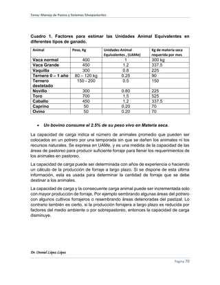 Tema: Manejo de Pastos y Sistemas Silvopastoriles
Dr. Otoniel López López
Página 70
Cuadro 1. Factores para estimar las Unidades Animal Equivalentes en
diferentes tipos de ganado.
Animal Peso, Kg Unidades Animal
Equivalentes , (UAMe)
Kg de materia seca
requerida por mes
Vaca normal 400 1 300 kg
Vaca Grande 450 1.2 337.5
Vaquilla 300 0.8 225
Ternero 0 – 1 año 80 – 120 kg 0.25 90
Ternero
destetado
150 - 200 0.5 150
Novillo 300 0.80 225
Toro 700 1.5 525
Caballo 450 1.2 337.5
Caprino 50 0.20 70
Ovino 50 0.20 70
 Un bovino consume el 2.5% de su peso vivo en Materia seca.
La capacidad de carga indica el número de animales promedio que pueden ser
colocados en un potrero por una temporada sin que se dañen los animales ni los
recursos naturales. Se expresa en UAMe, y es una medida de la capacidad de las
áreas de pastoreo para producir suficiente forraje para llenar los requerimientos de
los animales en pastoreo.
La capacidad de carga puede ser determinada con años de experiencia o haciendo
un cálculo de la producción de forraje a largo plazo. Si se dispone de esta última
información, esta es usada para determinar la cantidad de forraje que se debe
destinar a los animales.
La capacidad de carga y la consecuente carga animal puede ser incrementada solo
con mayor producción de forraje. Por ejemplo sembrando algunas áreas del potrero
con algunos cultivos forrajeros o resembrando áreas deterioradas del pastizal. Lo
contrario también es cierto, si la producción forrajera a largo plazo es reducida por
factores del medio ambiente o por sobrepastoreo, entonces la capacidad de carga
disminuye.
 
