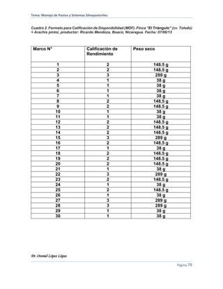 Tema: Manejo de Pastos y Sistemas Silvopastoriles
Dr. Otoniel López López
Página 79
Cuadro 2. Formato para Calificación de Disponibilidad (MDF). Finca “El Triángulo” (cv. Toledo)
+ Arachis pintoi, productor: Ricardo Mendoza, Boaco, Nicaragua. Fecha: 07/06/13
Marco N° Calificación de
Rendimiento
Peso seco
1 2 148.5 g
2 2 148.5 g
3 3 289 g
4 1 38 g
5 1 38 g
6 1 38 g
7 1 38 g
8 2 148.5 g
9 2 148.5 g
10 1 38 g
11 1 38 g
12 2 148.5 g
13 2 148.5 g
14 2 148.5 g
15 3 289 g
16 2 148.5 g
17 1 38 g
18 2 148.5 g
19 2 148.5 g
20 2 148.5 g
21 1 38 g
22 3 289 g
23 2 148.5 g
24 1 38 g
25 2 148.5 g
26 1 38 g
27 3 289 g
28 3 289 g
29 1 38 g
30 1 38 g
 