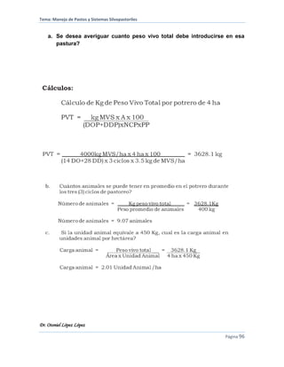 Tema: Manejo de Pastos y Sistemas Silvopastoriles
Dr. Otoniel López López
Página 96
a. Se desea averiguar cuanto peso vivo total debe introducirse en esa
pastura?
 