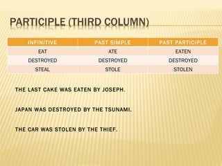 THE LAST CAKE WAS EATEN BY JOSEPH . JAPAN WAS DESTROYED BY THE TSUNAMI. THE CAR WAS STOLEN BY THE THIEF. INFINITIVE PAST SIMPLE PAST PARTICIPLE EAT ATE EATEN DESTROYED DESTROYED DESTROYED STEAL STOLE STOLEN