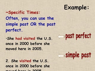 Example: ~Specific Times:   Often, you can use the simple past OR the past perfect. She  had visited  the U.S. once in 2000 before she moved here in 2005.  2. She  visited  the U.S. once in 2000 before she moved here in 2005.  past perfect simple past 