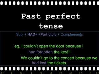 >> 0 >> 1 >> 2 >> 3 >> 4 >>
Past perfect
tense
Subj + HAD+ +Participle + Complements
eg. I couldn’t open the door because I
had forgotten the key!!!
We couldn’t go to the concert because we
had lost the tickets.
 