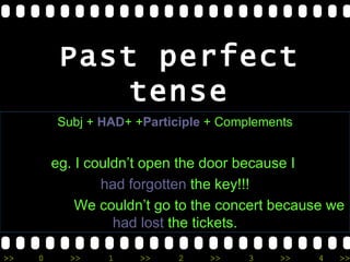 Past perfect tense Subj +   HAD + + Participle   + Complements eg. I couldn’t open the door because I  had   forgotten   the key!!! We couldn’t go to the concert because we   had lost   the tickets. 