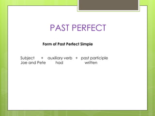 PAST PERFECT
Form of Past Perfect Simple
Subject
+ auxiliary verb + past participle
Joe and Pete
had
written

 