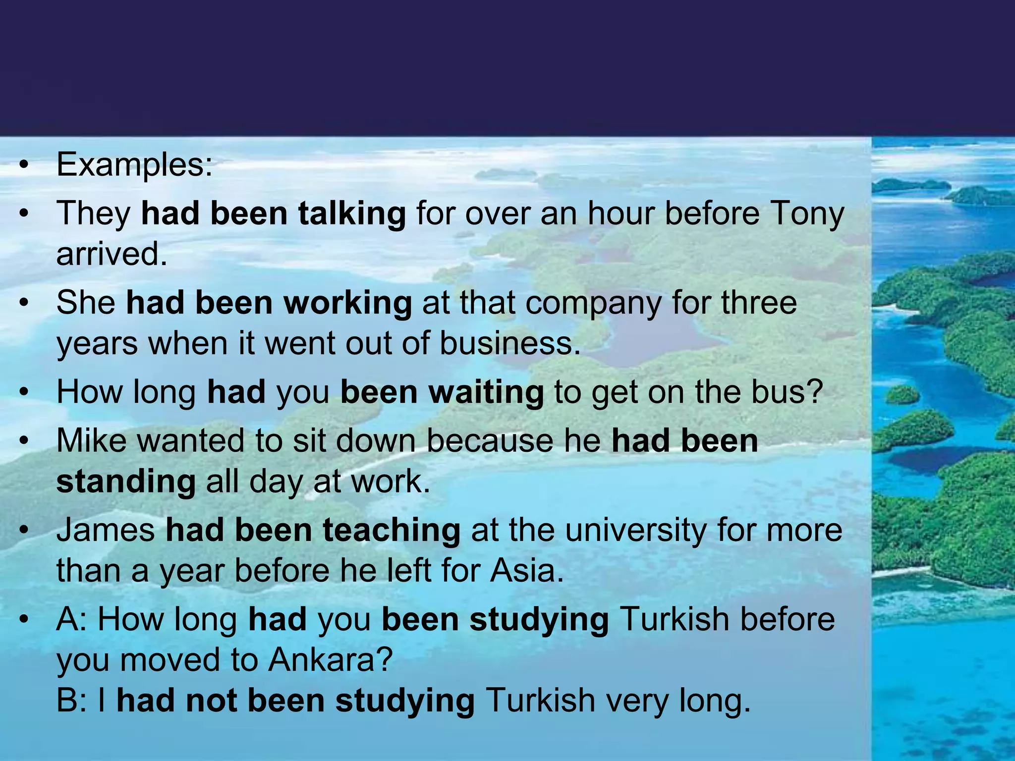 Examples:They had been talking for over an hour before Tony arrived.She had been working at that company for three years when it went out of business.How long had you been waiting to get on the bus? Mike wanted to sit down because he had been standing all day at work. James had been teaching at the university for more than a year before he left for Asia.A: How long had you been studying Turkish before you moved to Ankara?B: I had not been studying Turkish very long. 