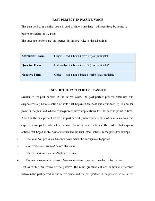 Past Perfect In Passive Voice