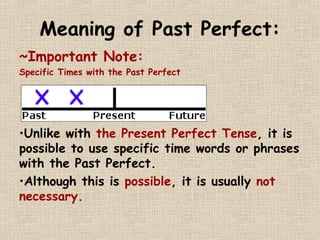 Meaning of Past Perfect: 
~Important Note: 
Specific Times with the Past Perfect 
•Unlike with the Present Perfect Tense, it is 
possible to use specific time words or phrases 
with the Past Perfect. 
•Although this is possible, it is usually not 
necessary. 
 