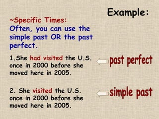 Example: 
~Specific Times: 
Often, you can use the 
simple past OR the past 
perfect. 
1.She had visited the U.S. 
once in 2000 before she 
moved here in 2005. 
2. She visited the U.S. 
once in 2000 before she 
moved here in 2005. 
 