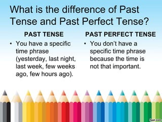 What is the difference of Past
Tense and Past Perfect Tense?
PAST TENSE
• You have a specific
time phrase
(yesterday, last night,
last week, few weeks
ago, few hours ago).
PAST PERFECT TENSE
• You don’t have a
specific time phrase
because the time is
not that important.
 