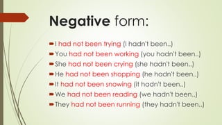 Negative form:
I had not been trying (I hadn't been..)
You had not been working (you hadn't been..)
She had not been crying (she hadn't been..)
He had not been shopping (he hadn't been..)
It had not been snowing (it hadn't been..)
We had not been reading (we hadn't been..)
They had not been running (they hadn't been..)
 