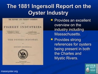 massoyster.org
The 1881 Ingersoll Report on theThe 1881 Ingersoll Report on the
Oyster IndustryOyster Industry
 Provides ...