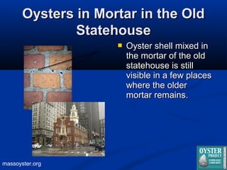 massoyster.org
Oysters in Mortar in the OldOysters in Mortar in the Old
StatehouseStatehouse
 Oyster shell mixed inOyster...