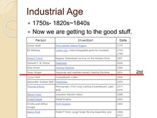 Industrial Age 
 1750s- 1820s~1840s 
 Now we are getting to the good stuff. 
2nd 
 