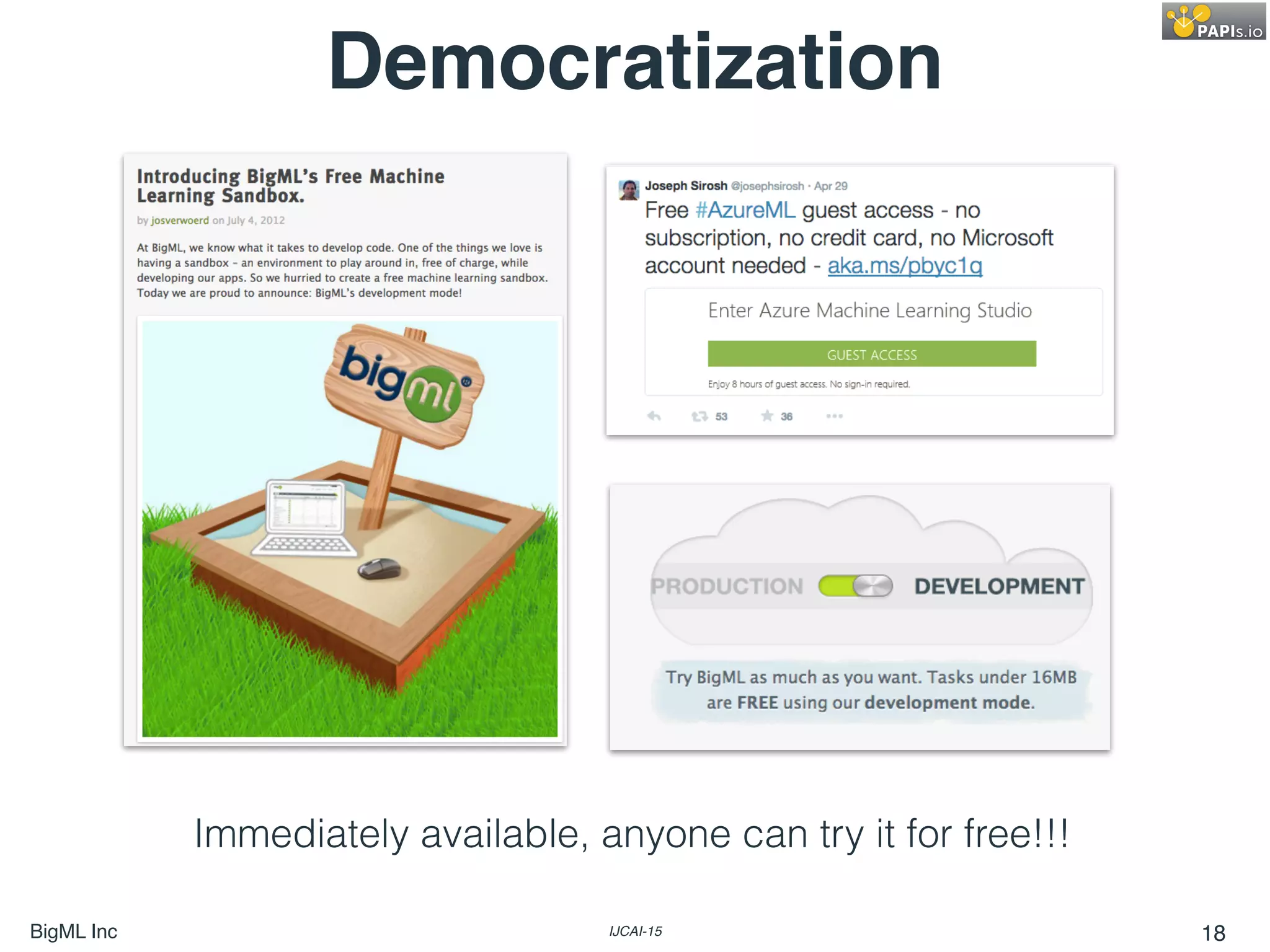 BigML Inc IJCAI-15 18
Democratization
Immediately available, anyone can try it for free!!!
 