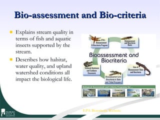 Bio-assessment and Bio-criteria Explains stream quality in terms of fish and aquatic insects supported by the stream. Describes how habitat, water quality, and upland watershed conditions all impact the biological life. EPA Biocriteria Website 