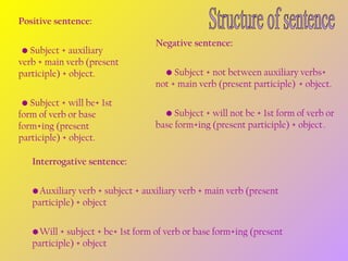 Positive sentence:
   • Subject + auxiliary
verb + main verb (present
participle) + object.
   • Subject + will be+ 1st
form of verb or base
form+ing (present
participle) + object.

Negative sentence:
          • Subject + not between auxiliary verbs+
not + main verb (present participle)  + object.
          • Subject + will not be + 1st form of verb or
base form+ing (present participle) + object .

Interrogative sentence:
• Auxiliary verb + subject + auxiliary verb + main verb (present
participle) + object
• Will + subject + be+ 1st form of verb or base form+ing (present
participle) + object

 