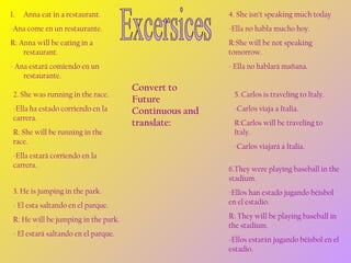 1.

Anna eat in a restaurant.

4. She isn’t speaking much today

-Ana come en un restaurante.

-Ella no habla mucho hoy.

R: Anna will be eating in a
restaurant.

R:She will be not speaking
tomorrow.

- Ana estará comiendo en un
restaurante.

- Ella no hablará mañana.

2. She was running in the race.
-Ella ha estado corriendo en la
carrera.
R: She will be running in the
race.
-Ella estará corriendo en la
carrera.
3. He is jumping in the park.
- El esta saltando en el parque.
R: He will be jumping in the park.
- El estará saltando en el parque.

Convert to
Future
Continuous and
translate:

5. Carlos is traveling to Italy.
-Carlos viaja a Italia.
R:Carlos will be traveling to
Italy.
-Carlos viajará a Italia.
6.They were playing baseball in the
stadium.
-Ellos han estado jugando béisbol
en el estadio.
R: They will be playing baseball in
the stadium.
-Ellos estarán jugando béisbol en el
estadio.

 