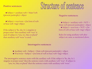Positive sentences:
          • Subject + auxiliary verb + Main Verb
(present participle) + object
          • Subject + was/were + (1st form of verb
or base verb +ing) +object
If the subject is “he, she, It, I, singular or
proper noun” then auxiliary verb “was” is
used. If subject is “you, we, they or plural”
then auxiliary verb “were” is used.

Negative sentences:
         • Subject + auxiliary verb + NOT +
Main verb (present participle) + object
         • Subject + was/were + NOT + (1st
form of verb or base verb +ing) +object
Rules for using auxiliary verb after
subject are same as mentioned above.

Interrogative sentences:
         • Auxiliary verb + Subject + Main verb (present participle) + object
         • Was/were + Subject + (1st form of verb or base verb +ing) +object
The interrogative sentence starts with the auxiliary verb. If the subject is “he, she, It, I,
singular or proper noun” then the sentence starts with auxiliary verb “was”. If subject is
“you, we, they or plural” then the sentence starts with auxiliary verb “were”.

 